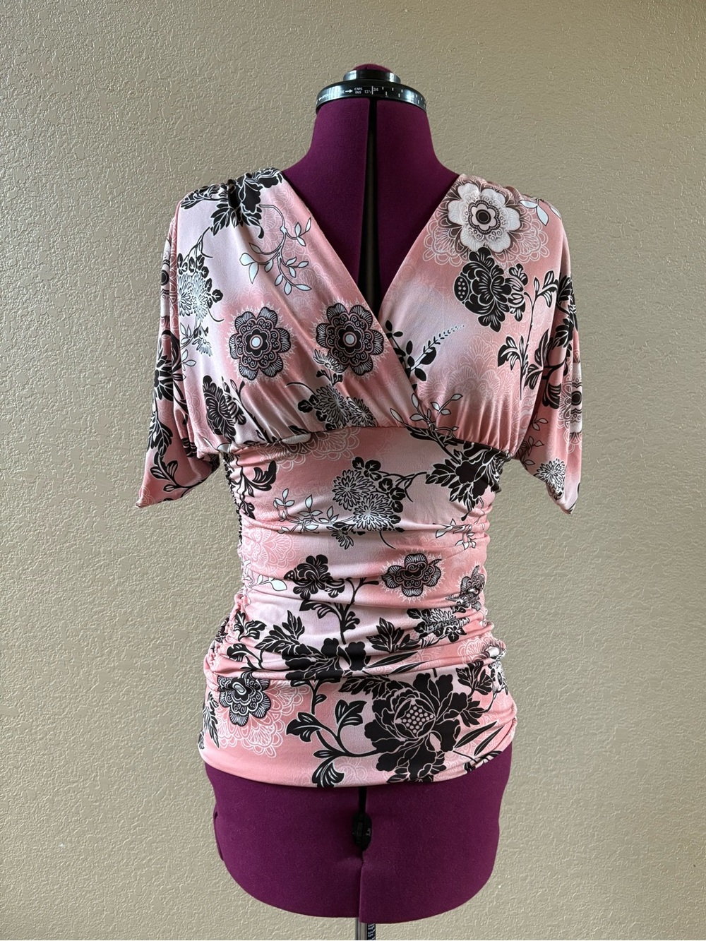 Rampage Pink and Black Floral Surplice Ruched Top